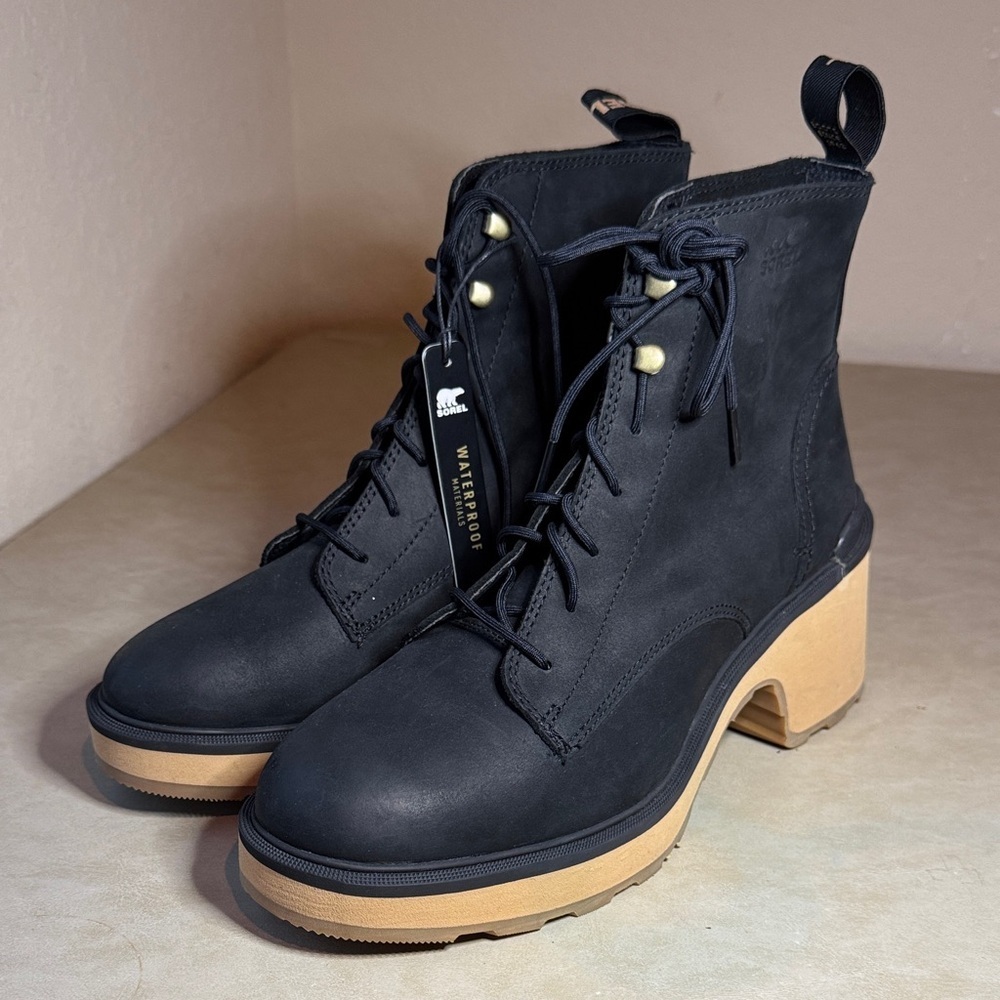 Sorel Hi-Line Heal Lace Boot Waterproof Black Ankle Boots Sz 9.5M